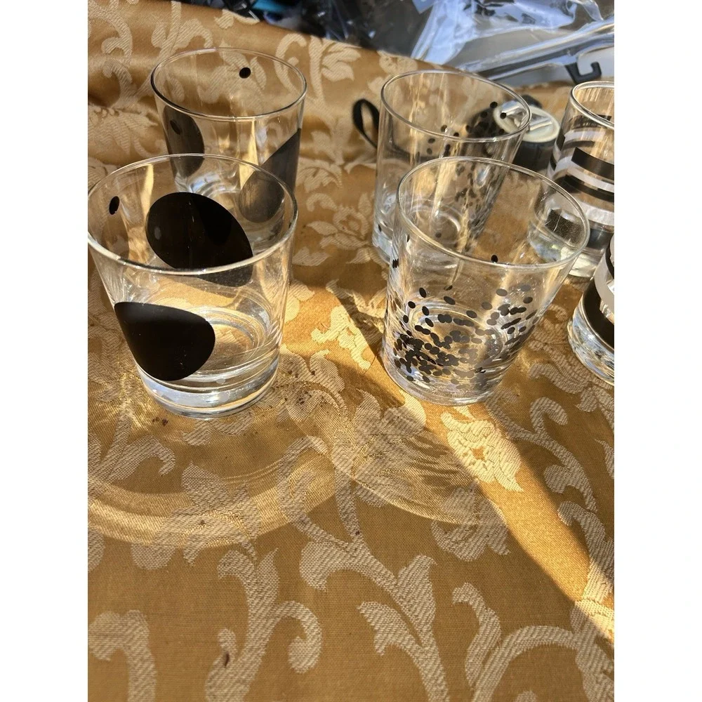 Set of 8 IKEA Lowball Glasses Black White Pattern Mixed Modern Rocks‎ Tumblers